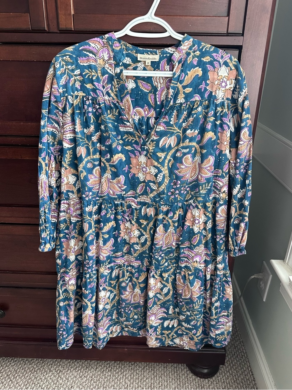 Fitzroy & Willa teal floral print cotton tiered tunic dress size M